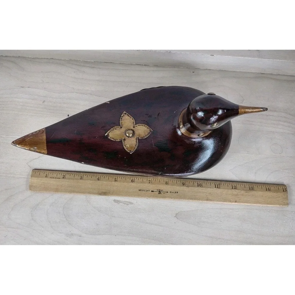 Wooden Folk Art Duck Decoy Wood Brass Country Decor 14 Inch Vtg Knicks SEE